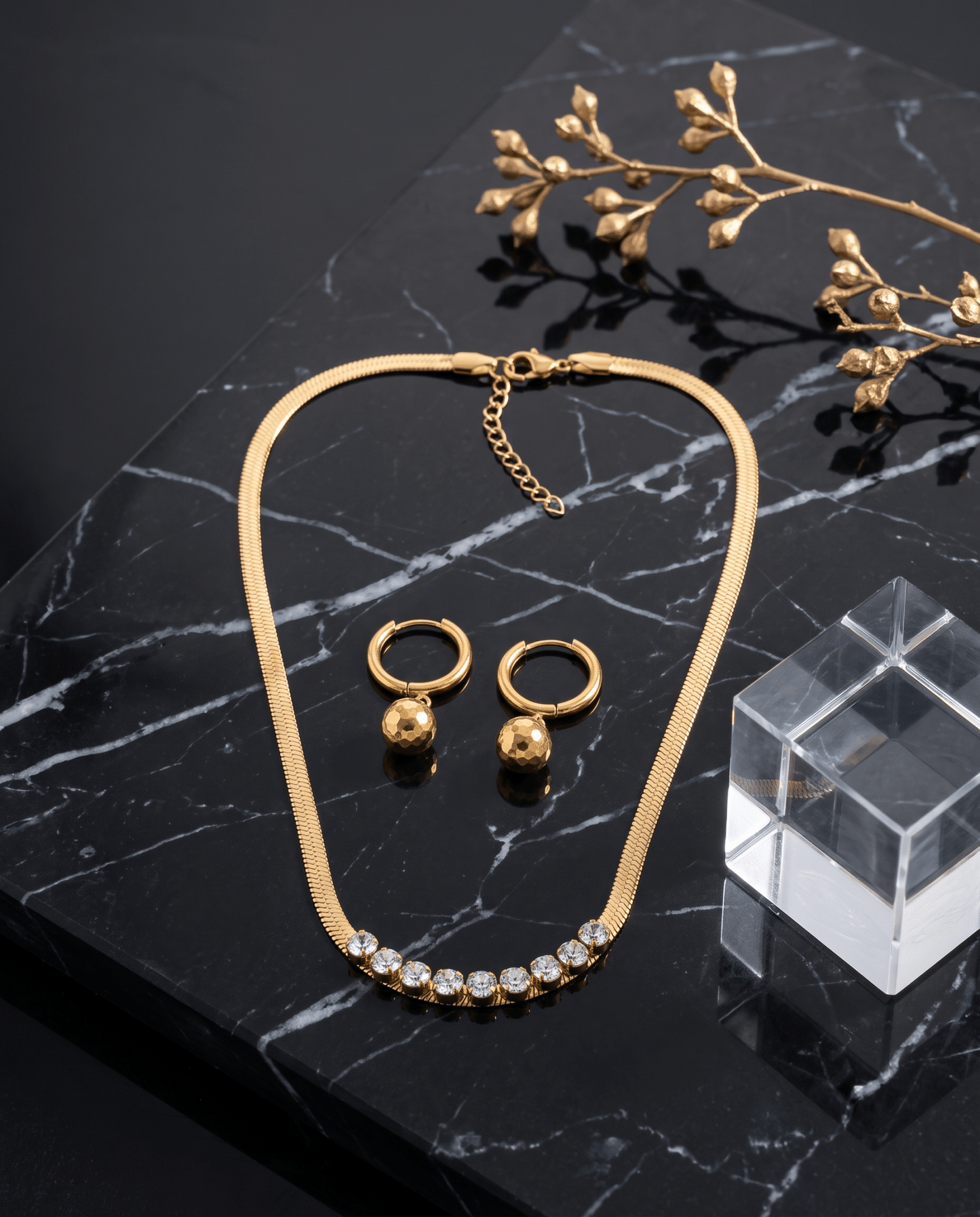 Rhinestone Row Snake Chain Necklace & Ball Drop Earrings Set - Maxiblink