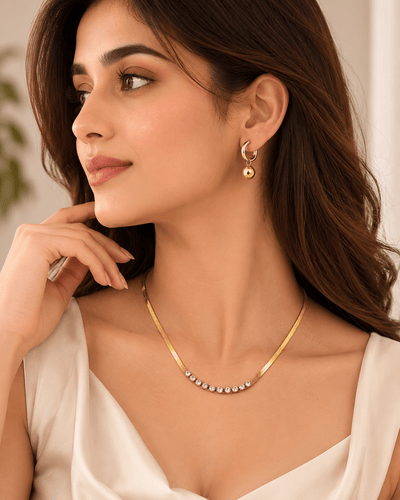 Rhinestone Row Snake Chain Necklace & Ball Drop Earrings Set - Maxiblink