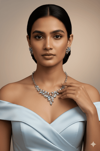 Rhodium Plated Leaf Motif AD Stone Necklace Set with Blue Accents | Silver Finish | Anti‑Tarnish - Maxiblink