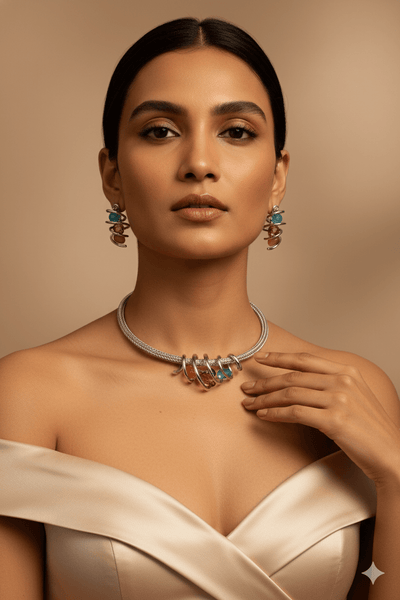 Rhodium Plated Mesh Choker Necklace Set with Multicolour AD Stone Charms | Silver Finish - Maxiblink
