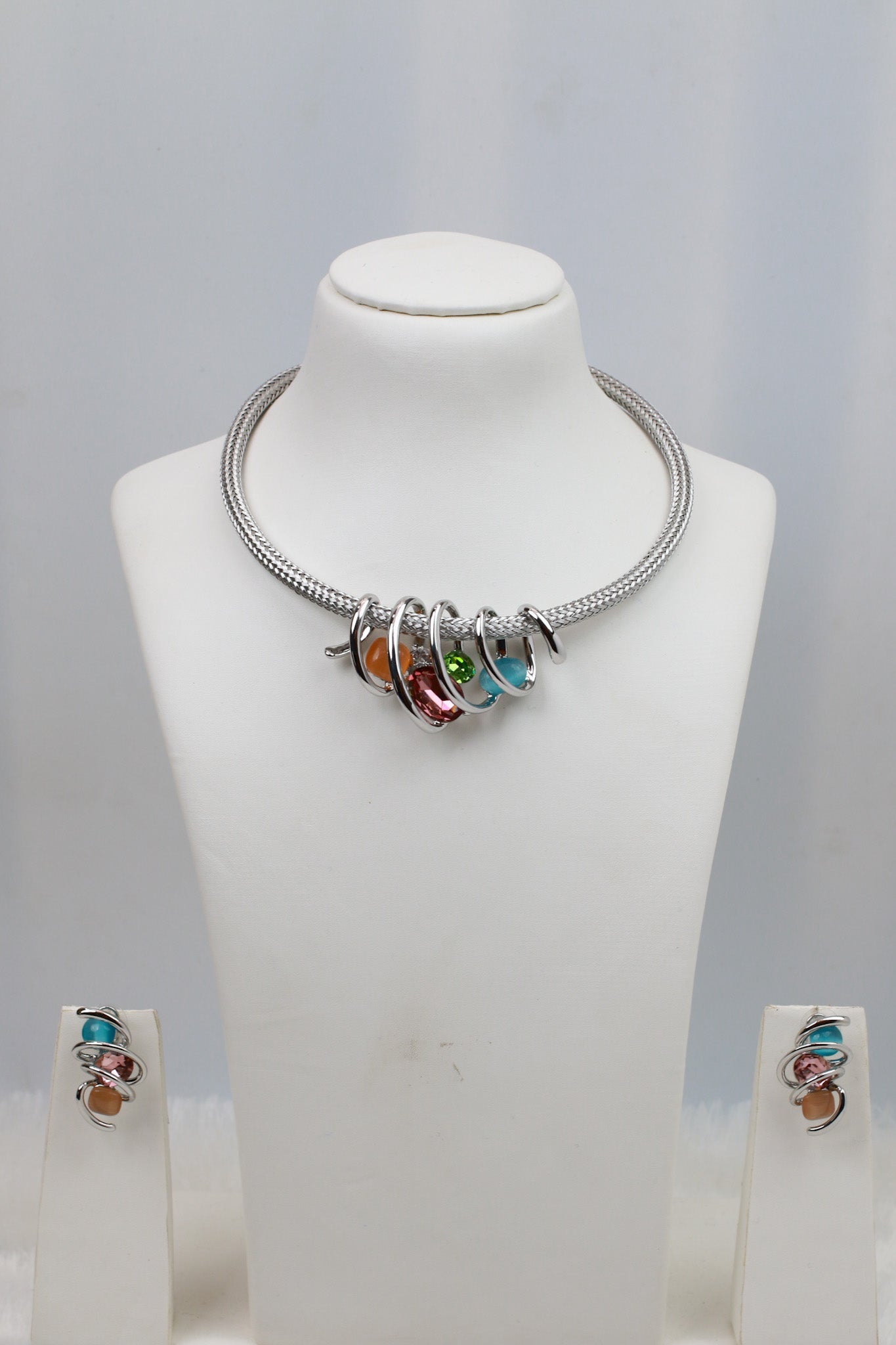 Rhodium Plated Mesh Choker Necklace Set with Multicolour AD Stone Charms | Silver Finish - Maxiblink