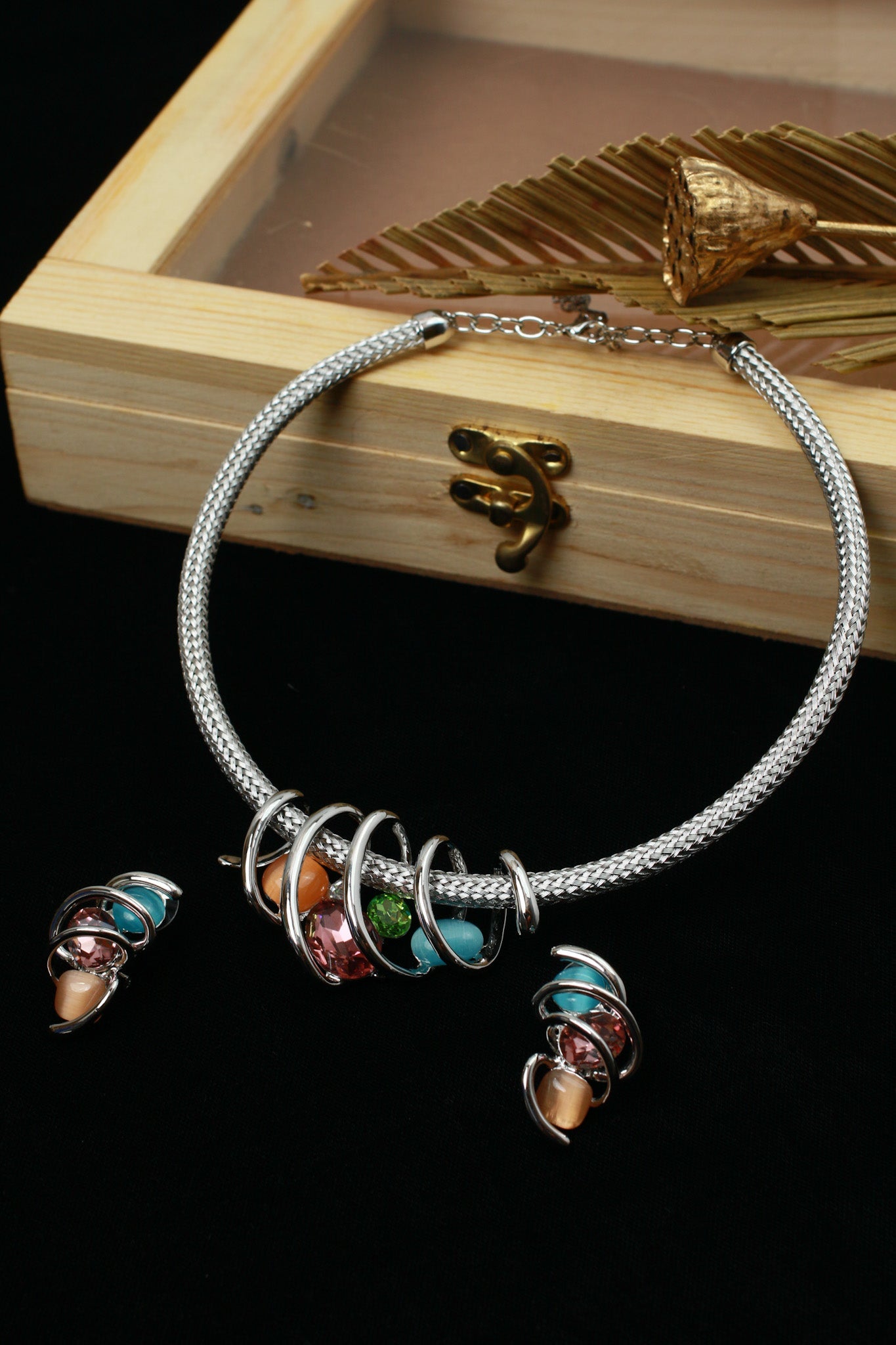 Rhodium Plated Mesh Choker Necklace Set with Multicolour AD Stone Charms | Silver Finish - Maxiblink