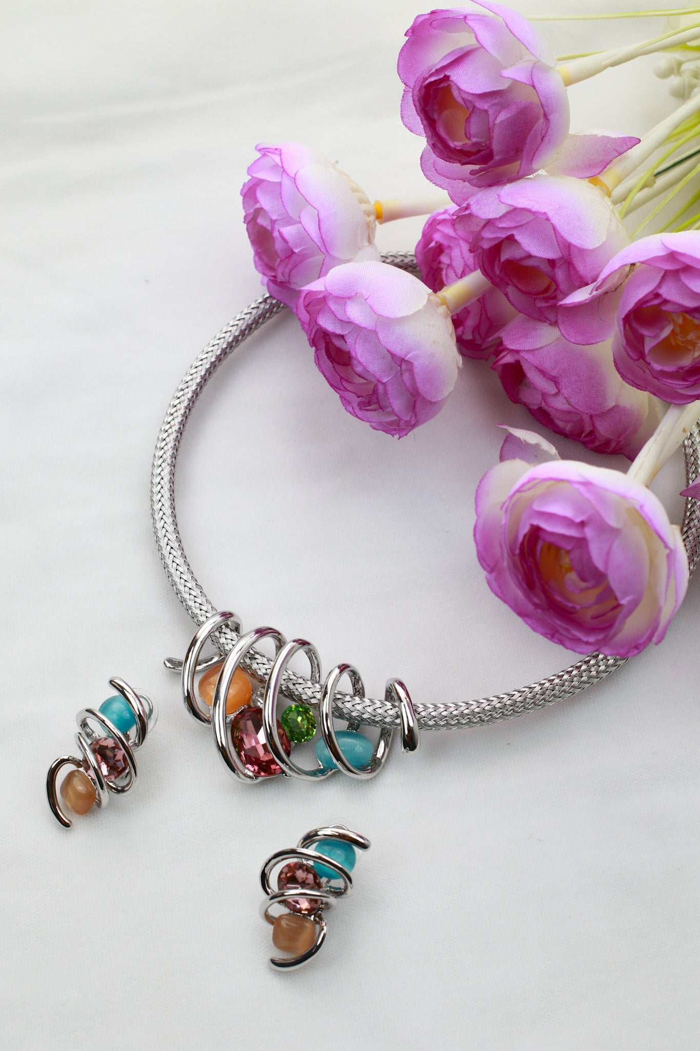 Rhodium Plated Mesh Choker Necklace Set with Multicolour AD Stone Charms | Silver Finish - Maxiblink
