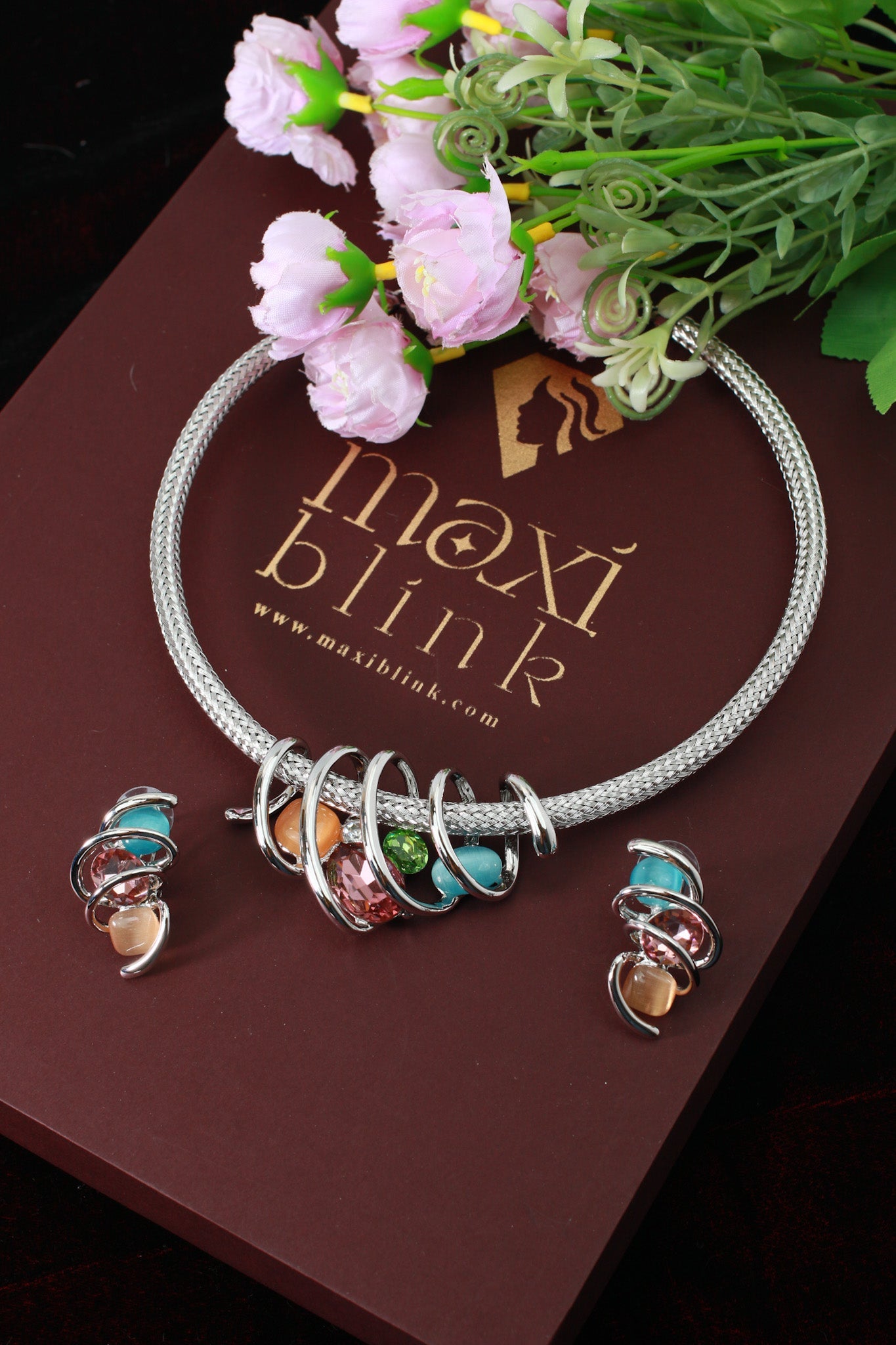 Rhodium Plated Mesh Choker Necklace Set with Multicolour AD Stone Charms | Silver Finish - Maxiblink