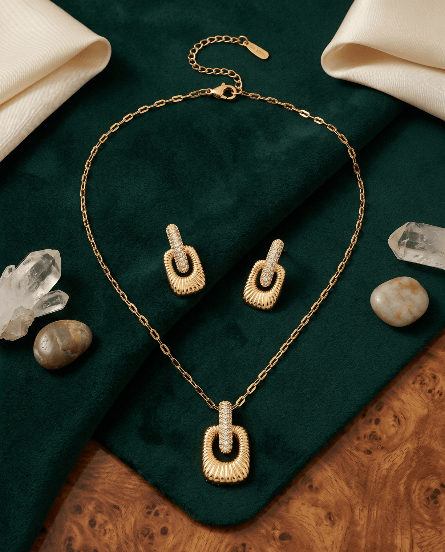 Ribbed Gold Pendant Necklace & Earrings Set with Pavé Crystal Accent - Maxiblink