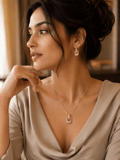 Ribbed Gold Pendant Necklace & Earrings Set with Pavé Crystal Accent - Maxiblink