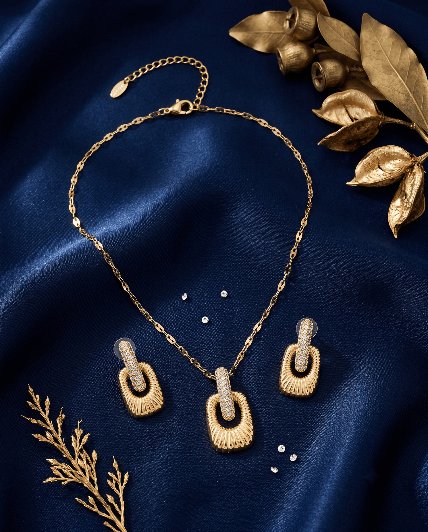 Ribbed Gold Pendant Necklace & Earrings Set with Pavé Crystal Accent - Maxiblink