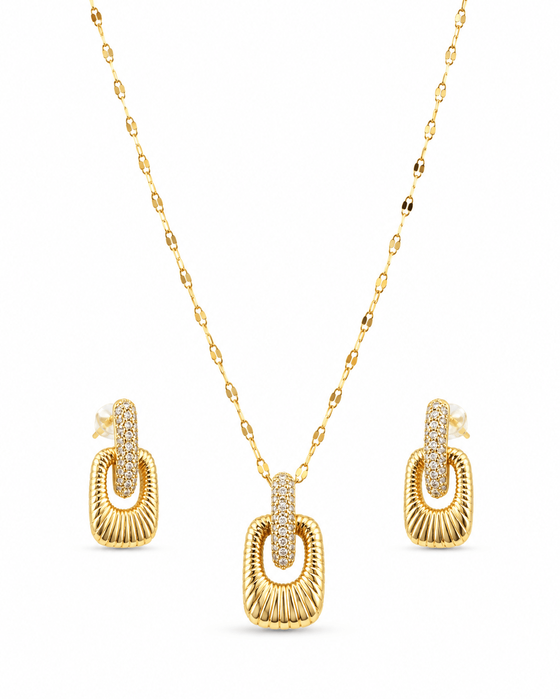 Ribbed Gold Pendant Necklace & Earrings Set with Pavé Crystal Accent - Maxiblink