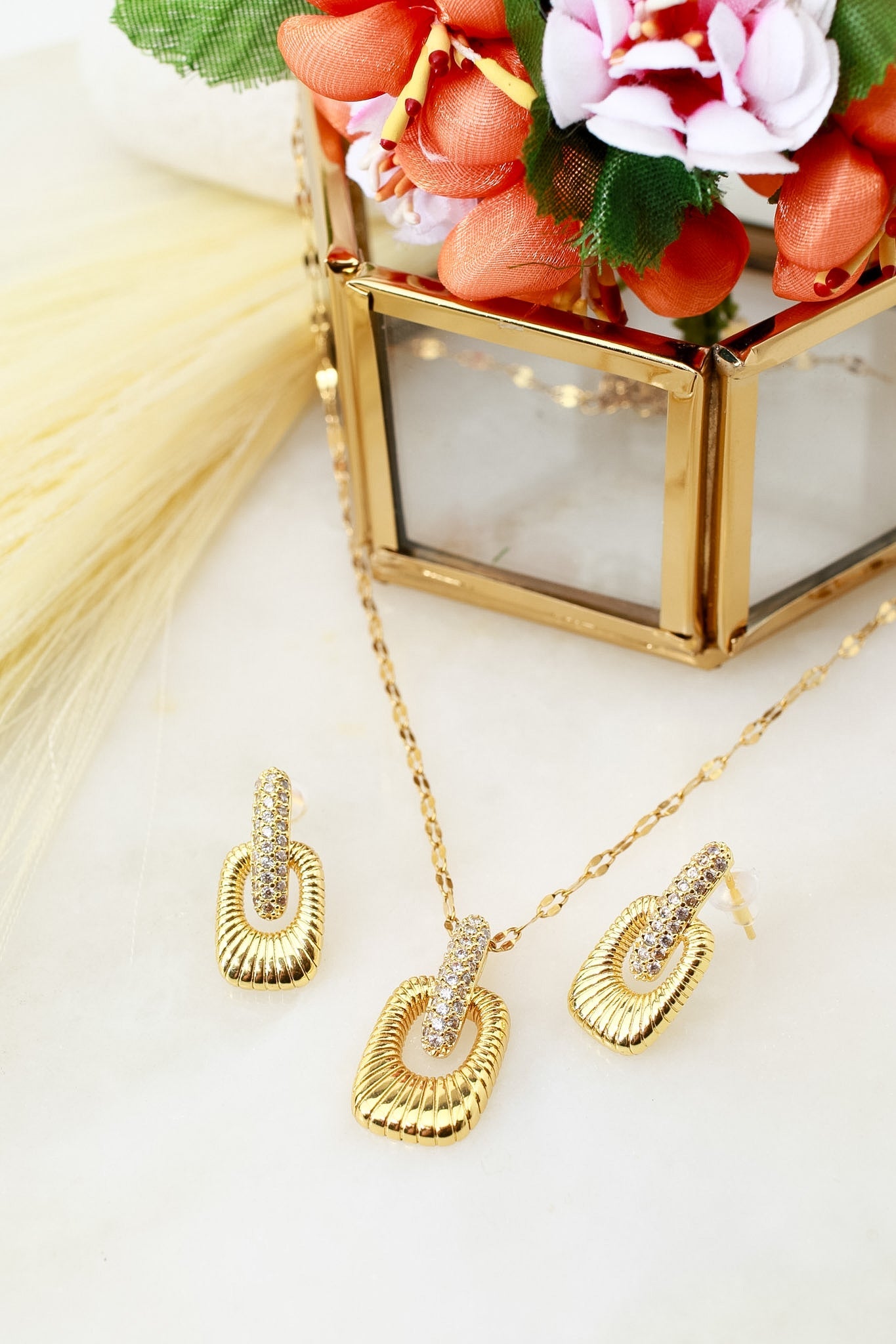 Ribbed Gold Pendant Necklace & Earrings Set with Pavé Crystal Accent - Maxiblink