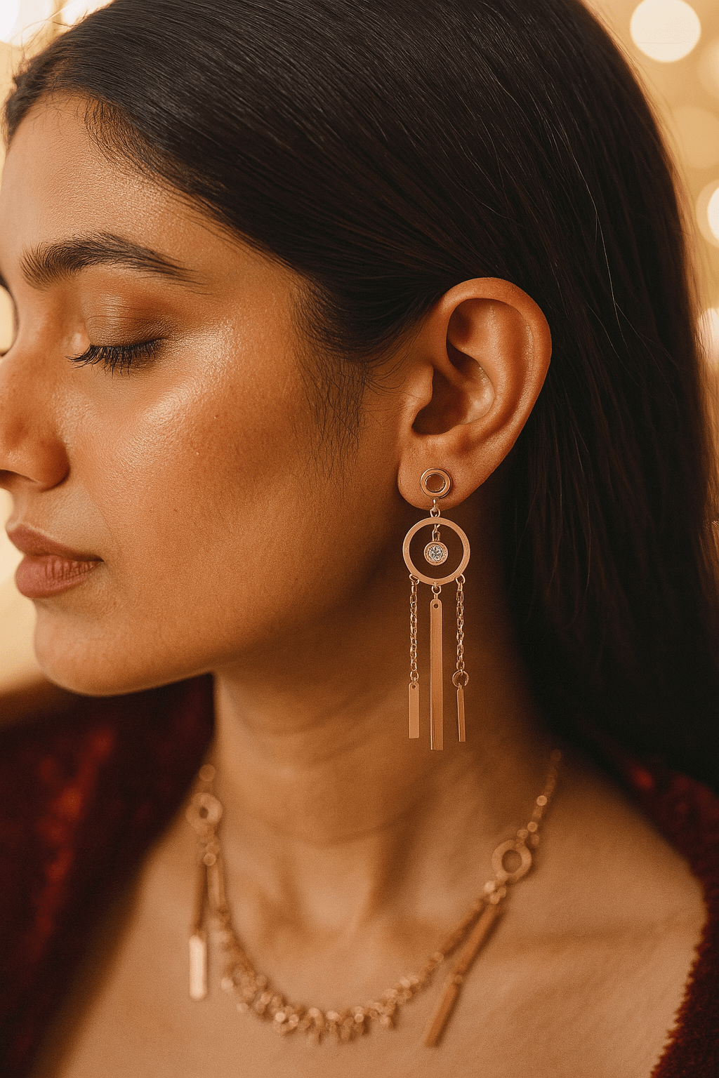 Rose Gold Boho Geometric Drop Earrings with Chains - Maxiblink