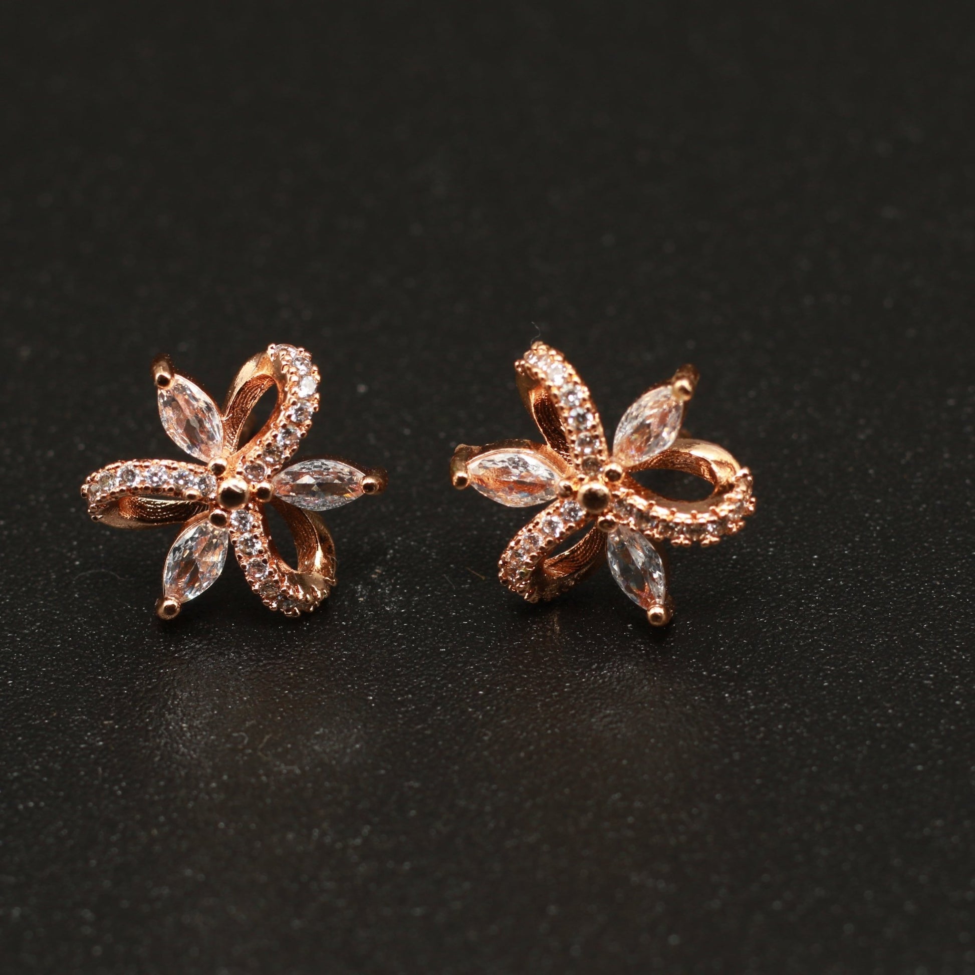 Rose Gold Crystal Bloom Petal Stud Earrings with White CZ Stones - Maxiblink