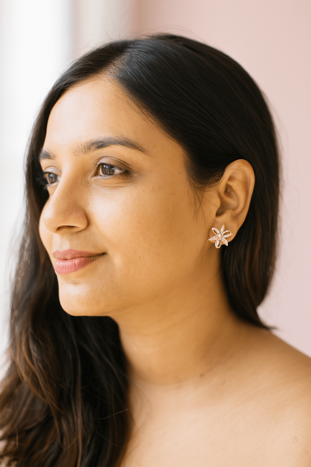 Rose Gold Crystal Bloom Petal Stud Earrings with White CZ Stones - Maxiblink