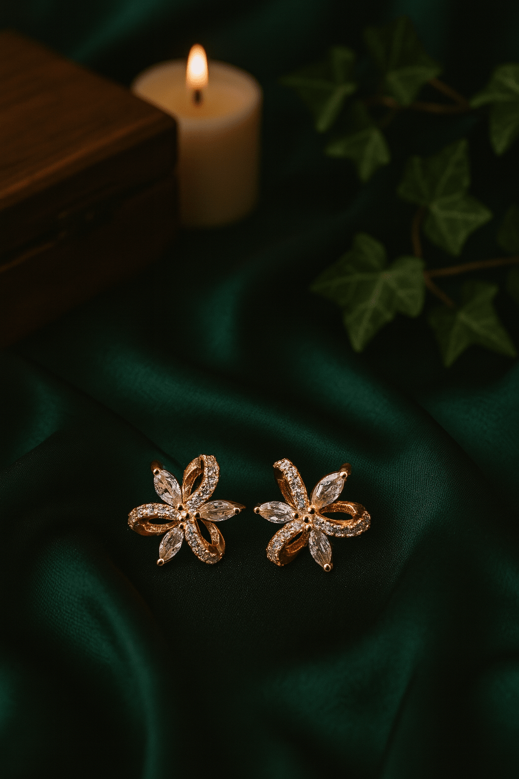 Rose Gold Crystal Bloom Petal Stud Earrings with White CZ Stones - Maxiblink