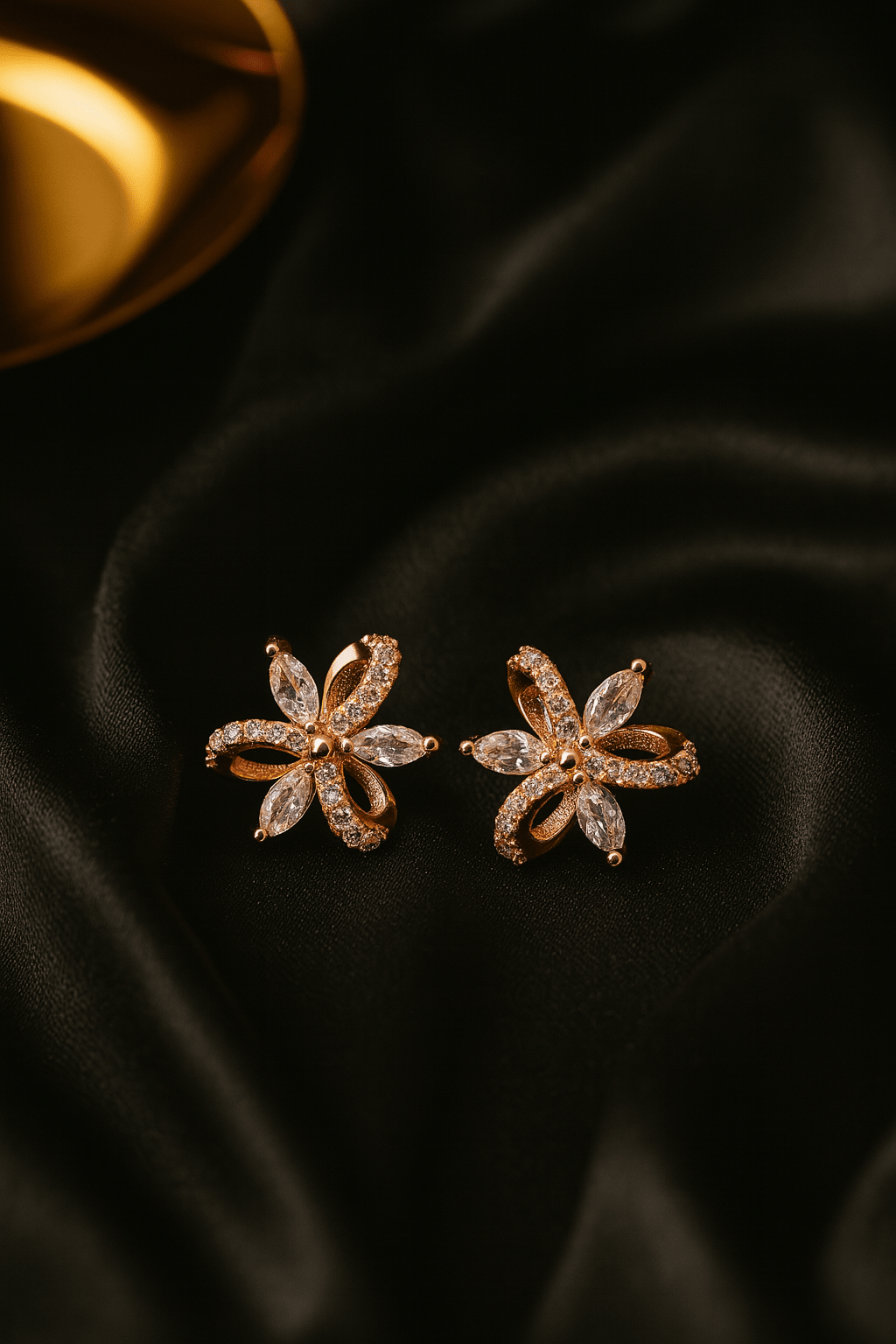 Rose Gold Crystal Bloom Petal Stud Earrings with White CZ Stones - Maxiblink