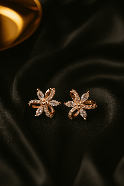Rose Gold Crystal Bloom Petal Stud Earrings with White CZ Stones - Maxiblink