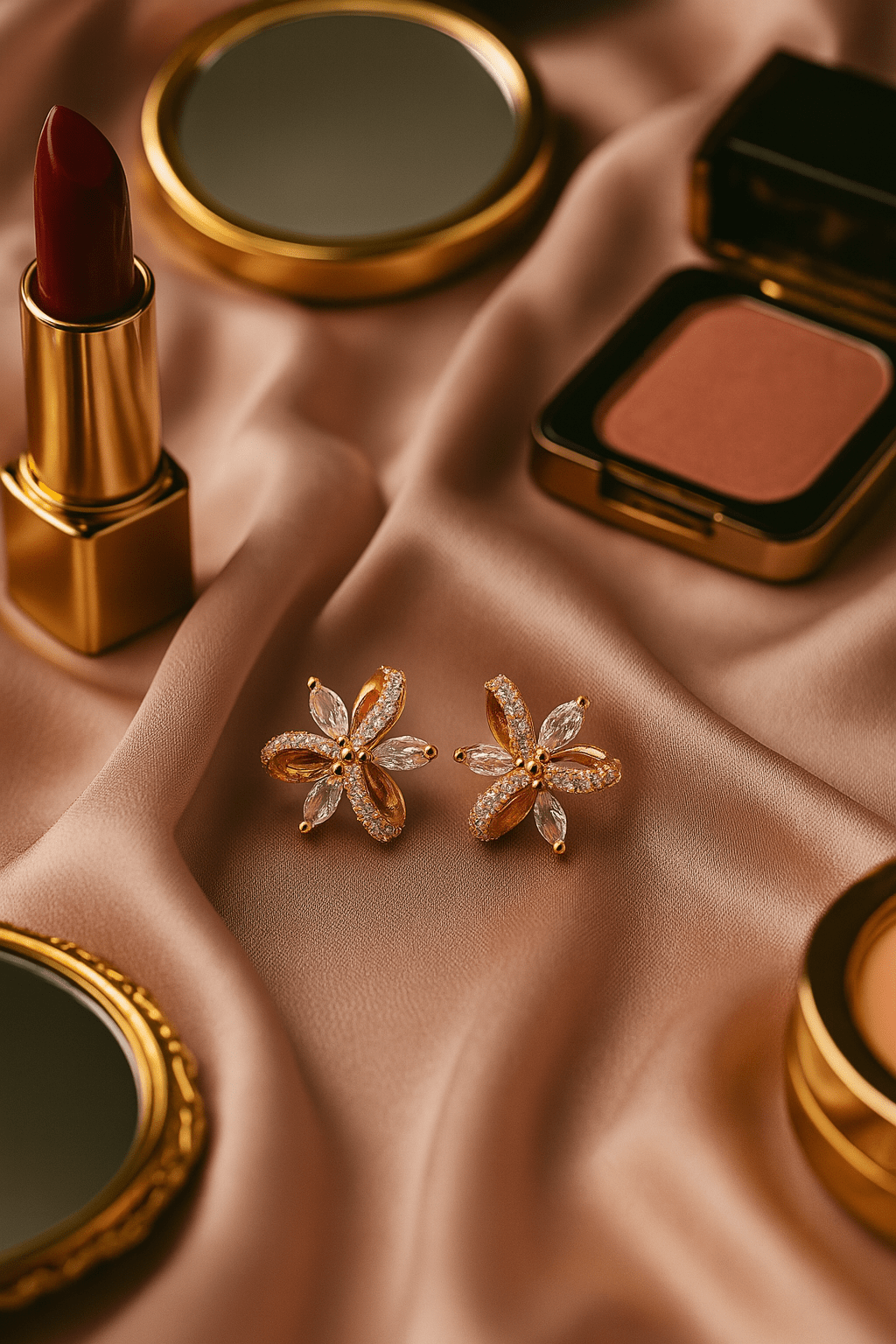 Rose Gold Crystal Bloom Petal Stud Earrings with White CZ Stones - Maxiblink