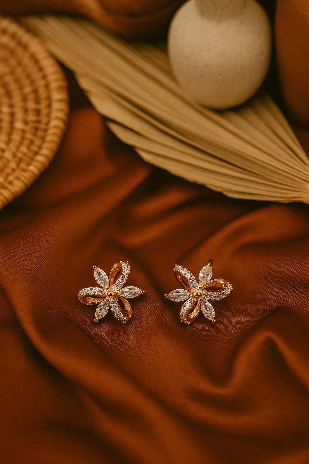 Rose Gold Crystal Bloom Petal Stud Earrings with White CZ Stones - Maxiblink