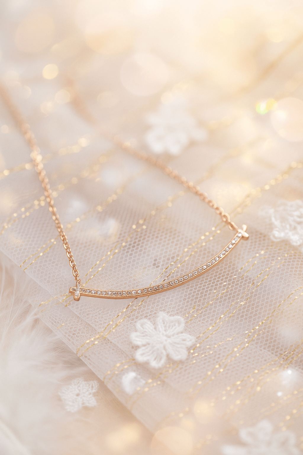 Rose Gold Curved Bar Rhinestone Pendant Necklace | Minimalist Anti - Tarnish - Maxiblink