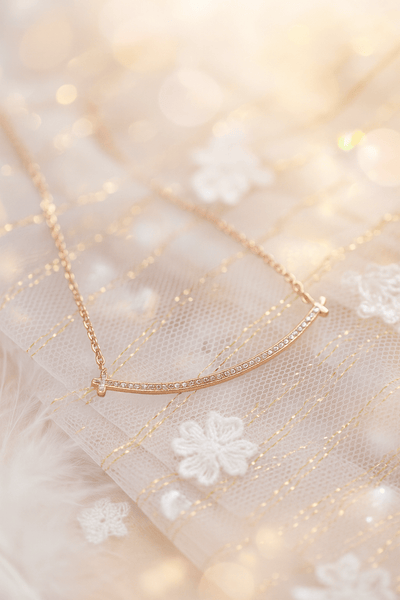 Rose Gold Curved Bar Rhinestone Pendant Necklace | Minimalist Anti - Tarnish - Maxiblink