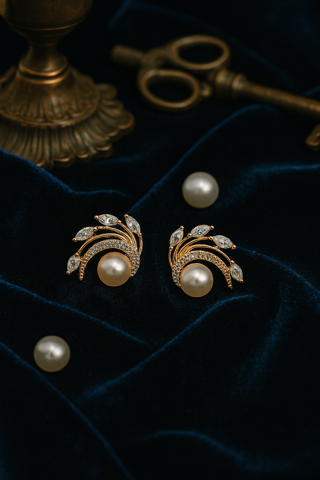 Rose Gold Curved Leaf Pearl Stud Earrings - Maxiblink