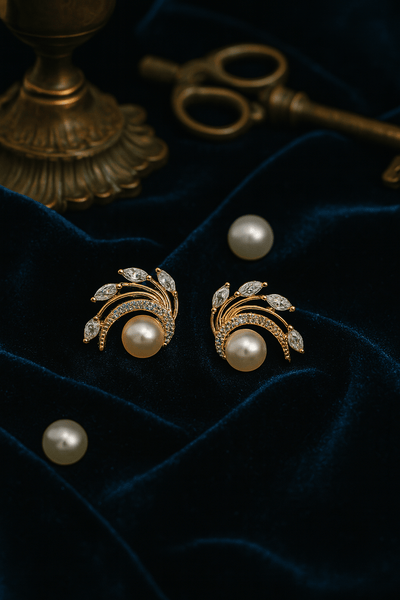 Rose Gold Curved Leaf Pearl Stud Earrings - Maxiblink