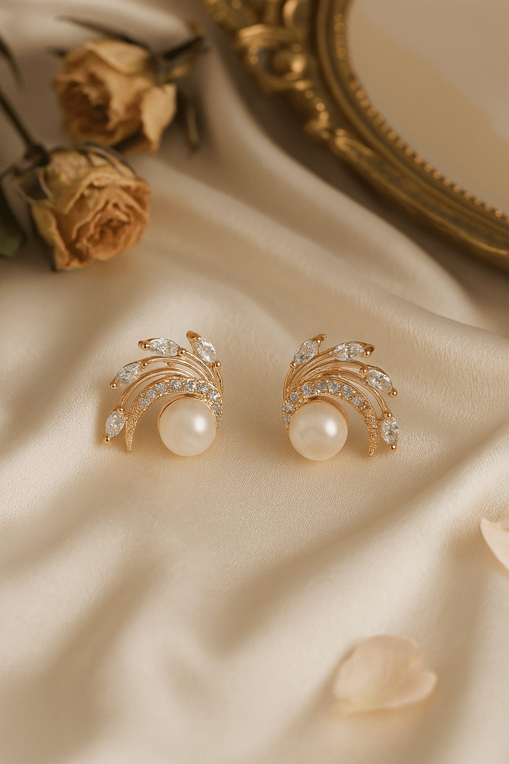 Rose Gold Curved Leaf Pearl Stud Earrings - Maxiblink