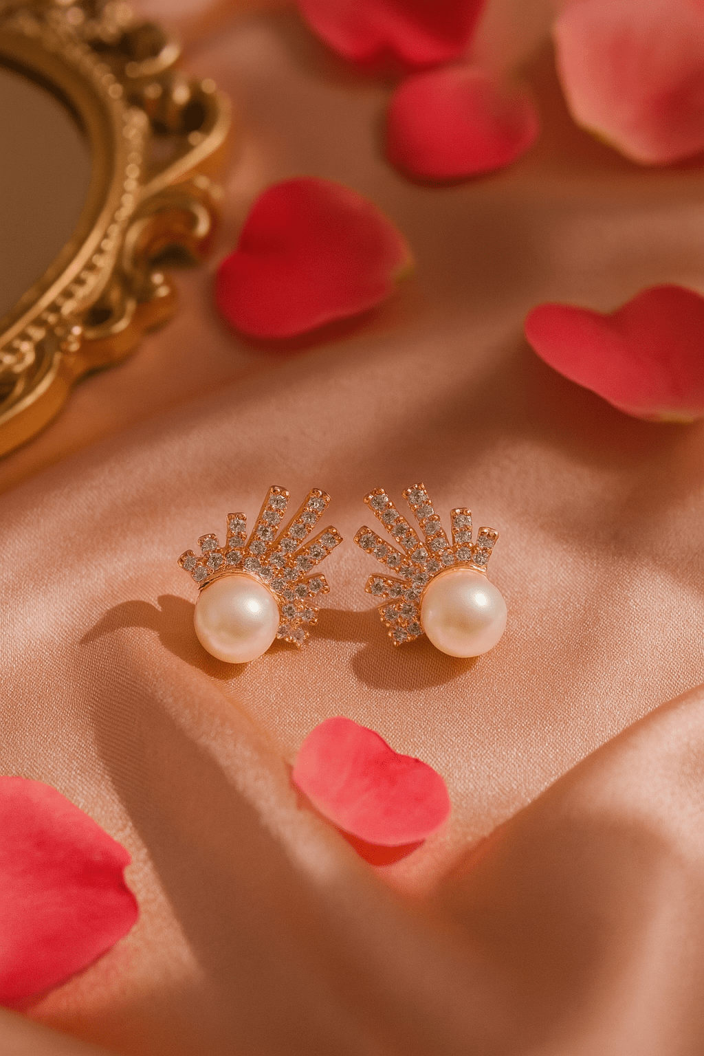 Rose Gold Fan Design Pearl Stud Earrings - Maxiblink