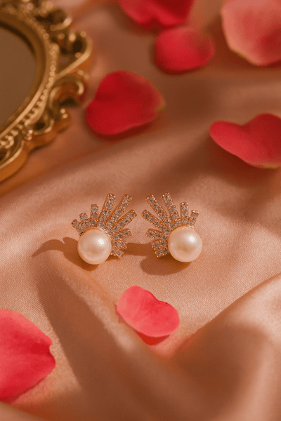 Rose Gold Fan Design Pearl Stud Earrings - Maxiblink