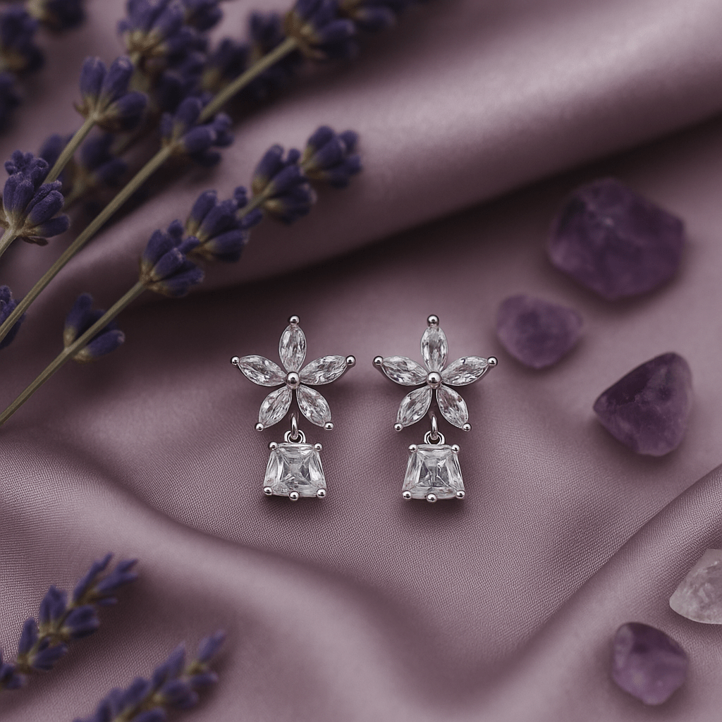 Rose Gold Floral Drop Earrings with CZ Crystal Petals | Festive & Wedding - Maxiblink
