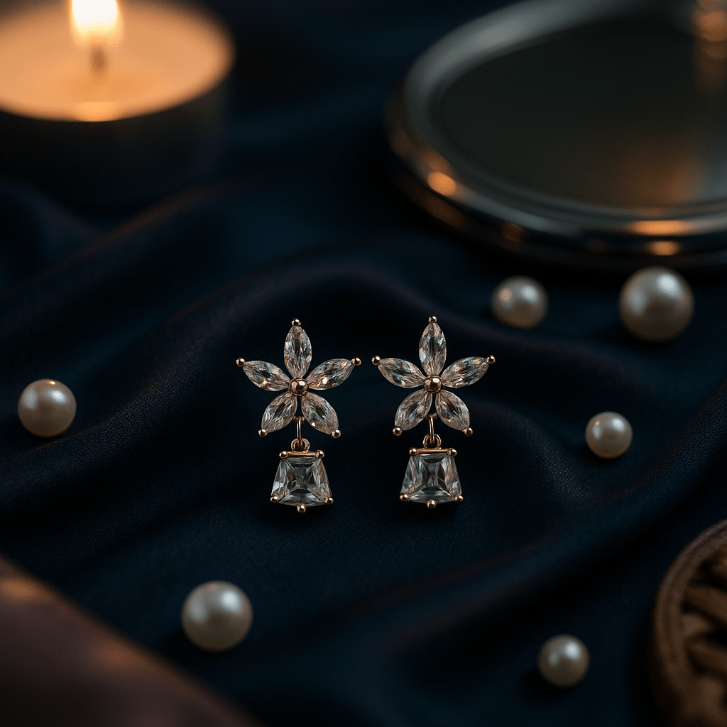 Rose Gold Floral Drop Earrings with CZ Crystal Petals | Festive & Wedding - Maxiblink