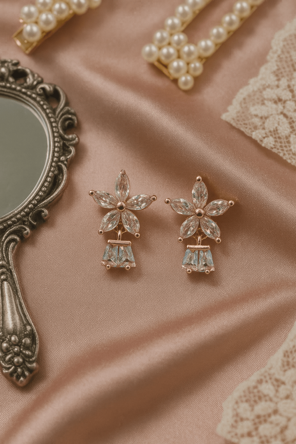 Rose Gold Floral Drop Earrings with CZ Crystal Petals | Festive & Wedding - Maxiblink