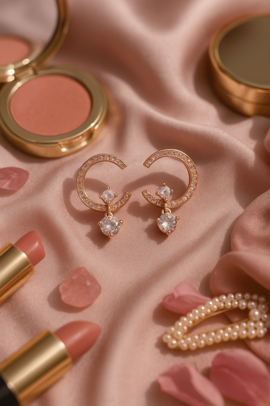 Rose Gold Half Hoop Earrings with CZ Dangling Drops - Maxiblink
