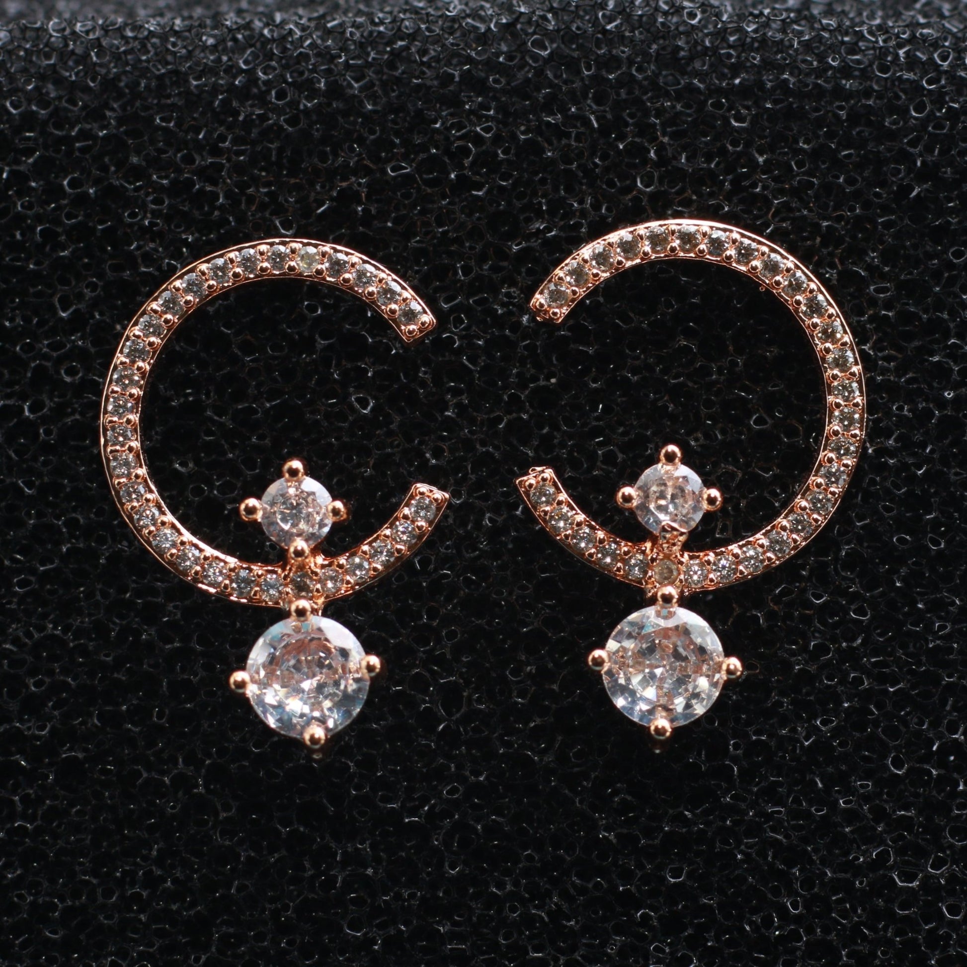 Rose Gold Half Hoop Earrings with CZ Dangling Drops - Maxiblink