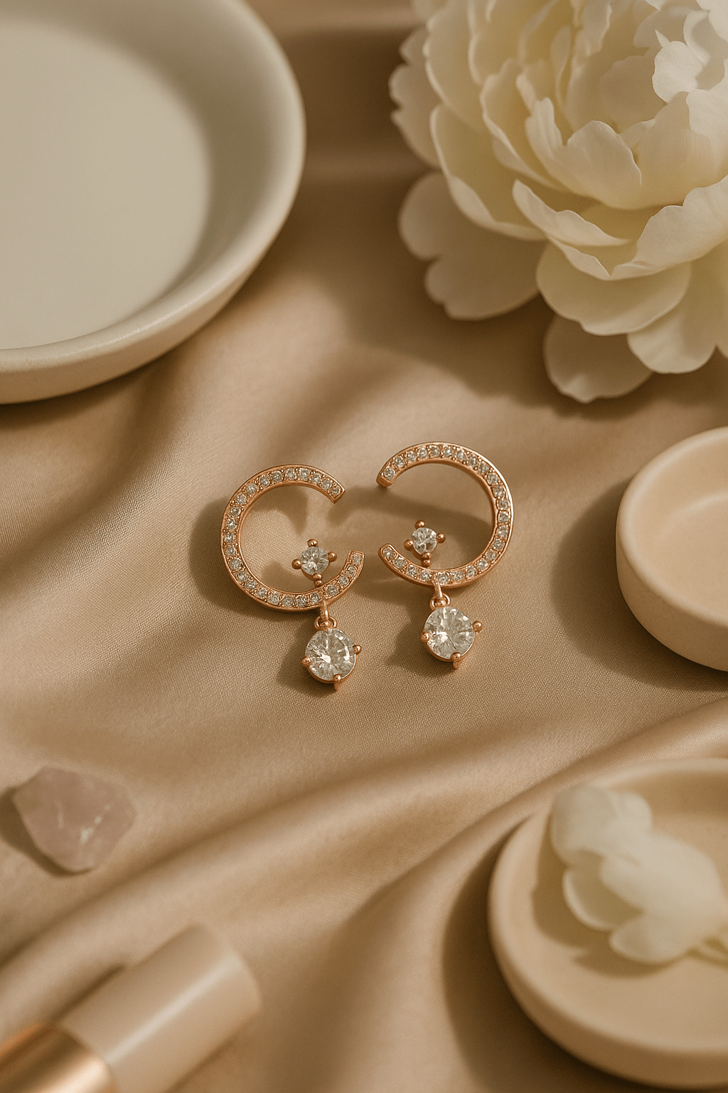 Rose Gold Half Hoop Earrings with CZ Dangling Drops - Maxiblink