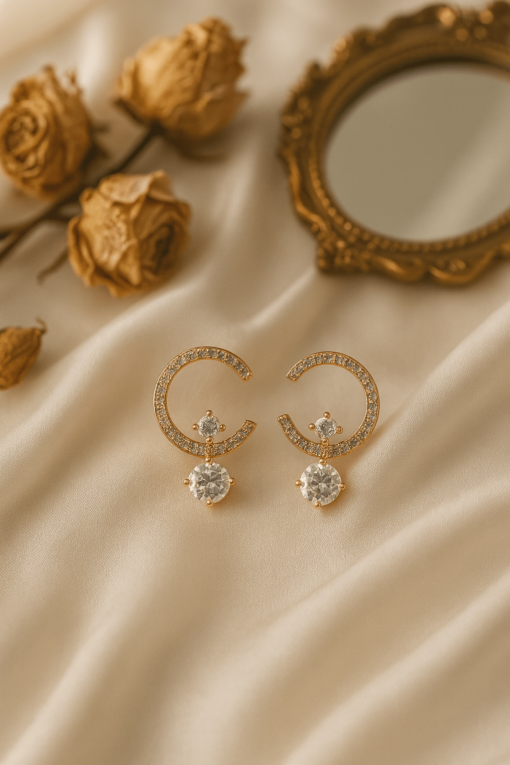 Rose Gold Half Hoop Earrings with CZ Dangling Drops - Maxiblink