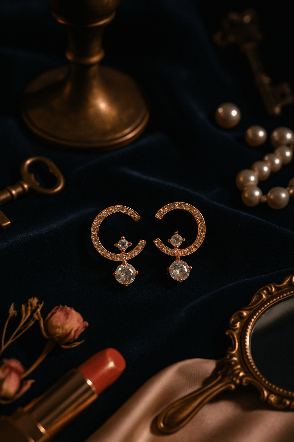 Rose Gold Half Hoop Earrings with CZ Dangling Drops - Maxiblink