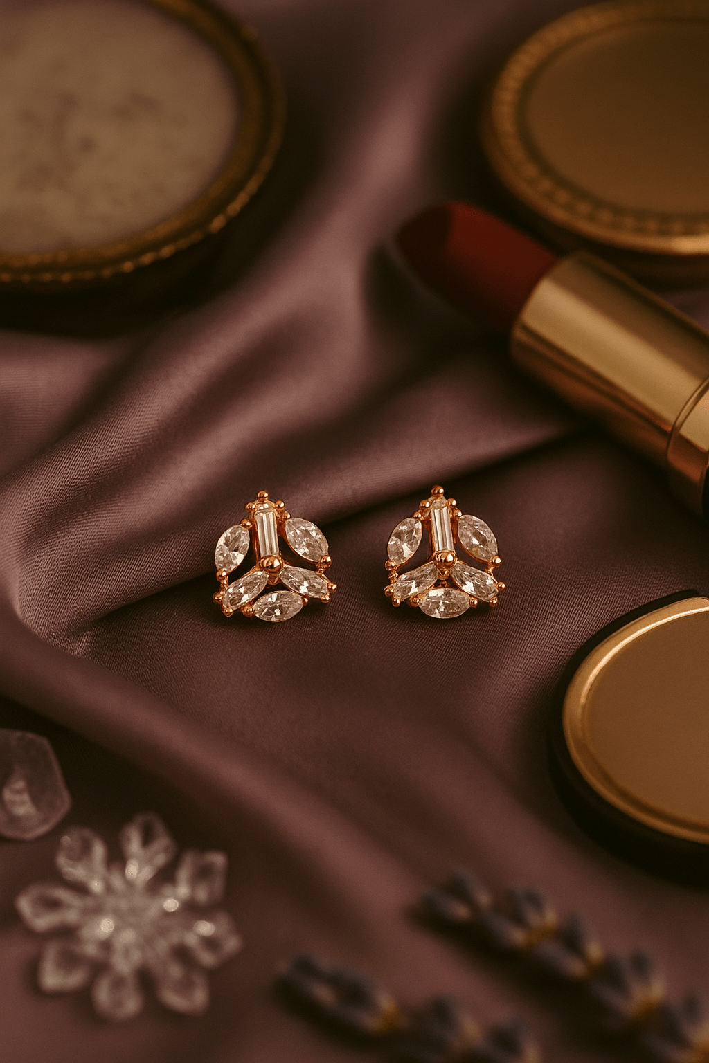 Rose Gold Leaf Cluster Stud Earrings with Marquise & Baguette Crystals - Maxiblink