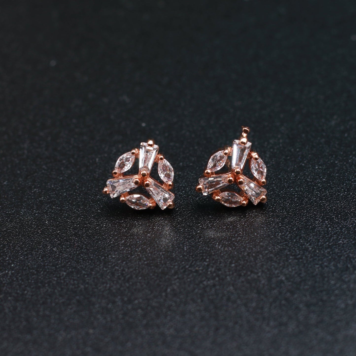 Rose Gold Leaf Cluster Stud Earrings with Marquise & Baguette Crystals - Maxiblink
