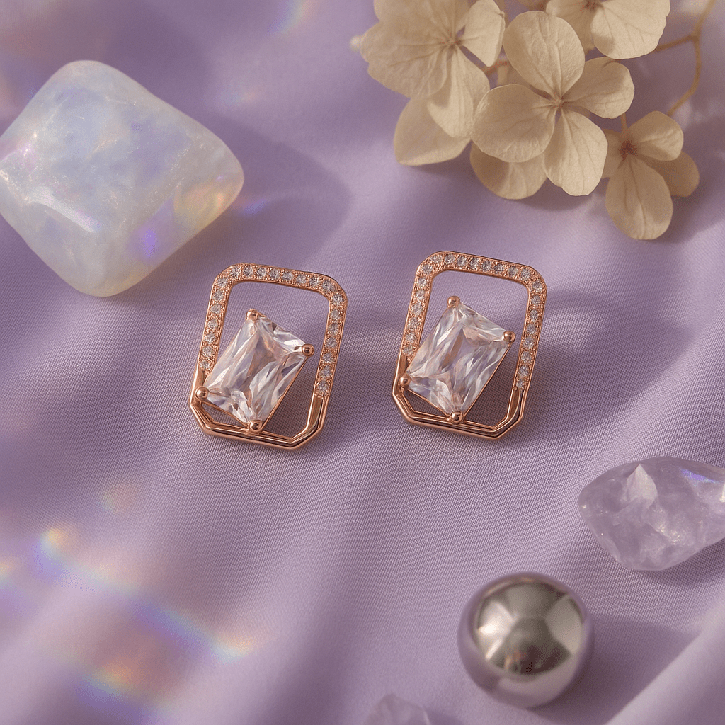 Rose Gold Rectangular Zircon Stud Earrings with Micro Pavé Detailing - Maxiblink