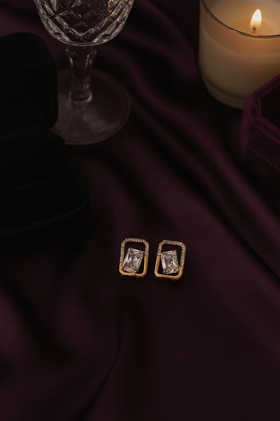 Rose Gold Rectangular Zircon Stud Earrings with Micro Pavé Detailing - Maxiblink