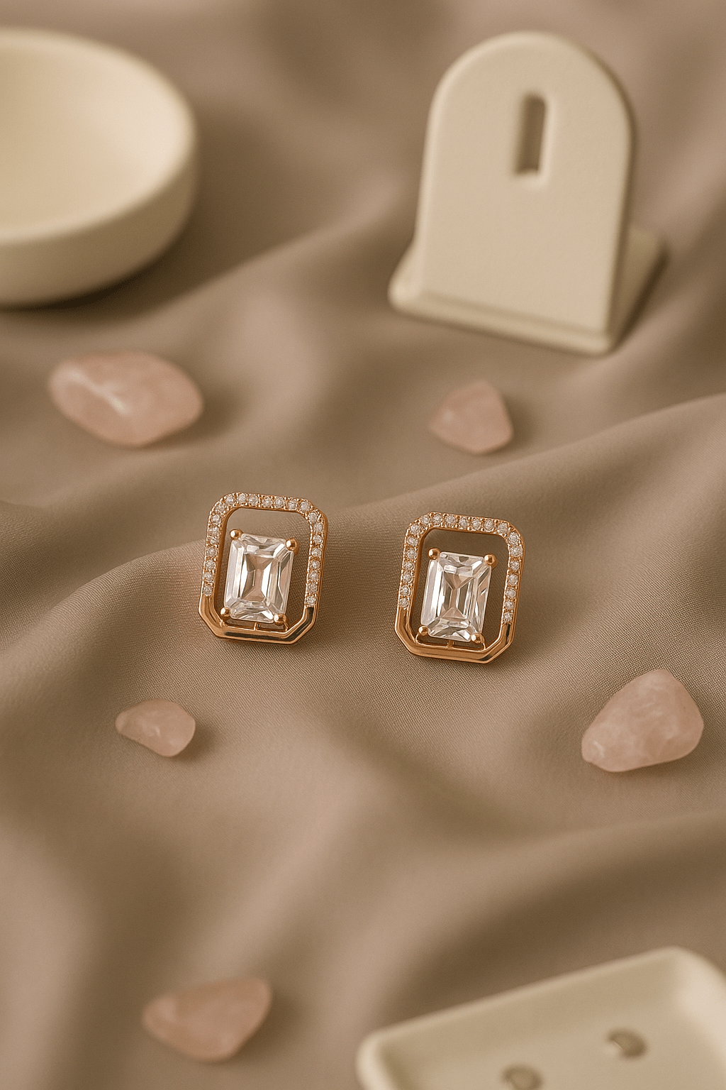 Rose Gold Rectangular Zircon Stud Earrings with Micro Pavé Detailing - Maxiblink