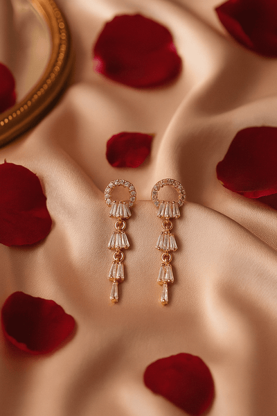 Rose Gold Tiered Baguette Crystal Drop Earrings | Anti - Tarnish Party Wear - Maxiblink