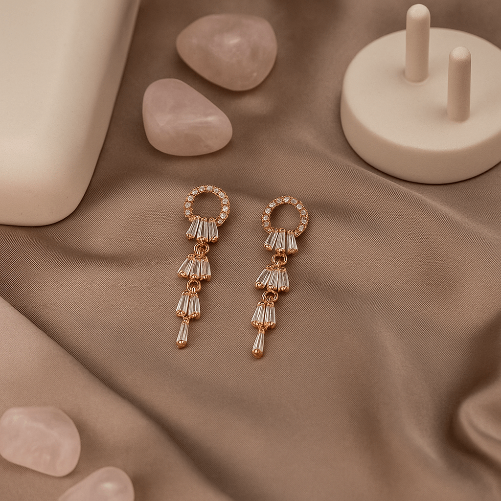 Rose Gold Tiered Baguette Crystal Drop Earrings | Anti - Tarnish Party Wear - Maxiblink