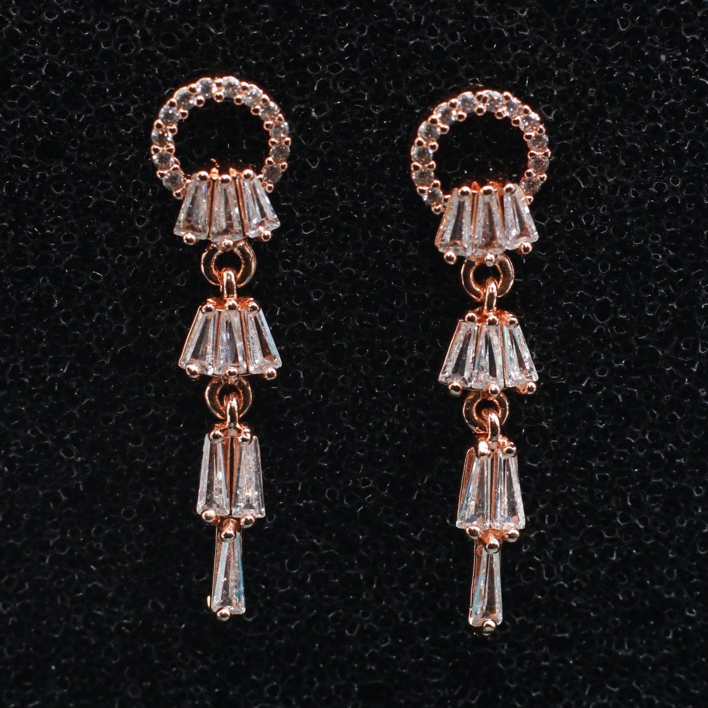 Rose Gold Tiered Baguette Crystal Drop Earrings | Anti - Tarnish Party Wear - Maxiblink