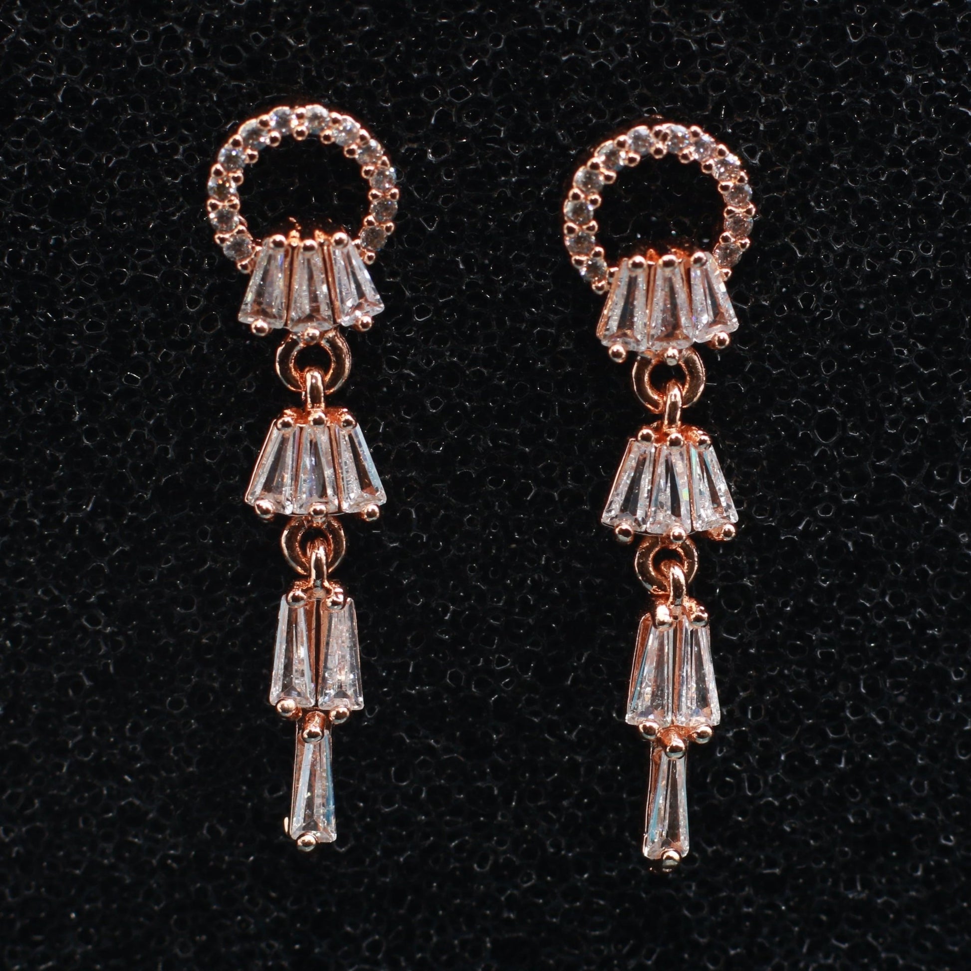 Rose Gold Tiered Baguette Crystal Drop Earrings | Anti - Tarnish Party Wear - Maxiblink