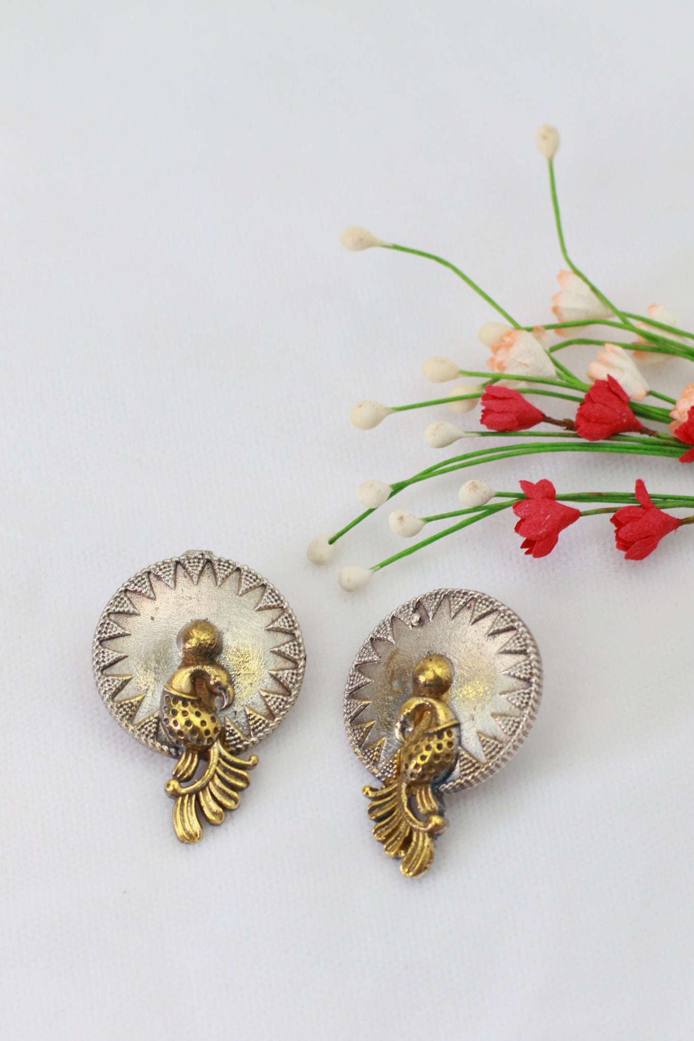 Round Dome Peacock German Silver Earrings – Antique Gold Oxidised Finish - Maxiblink