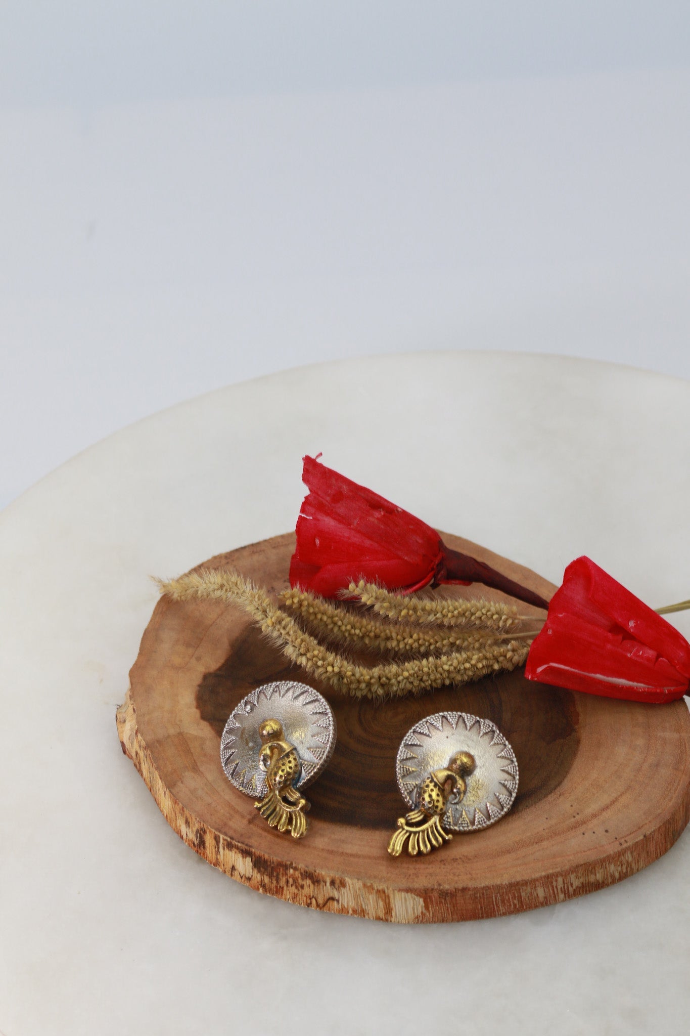 Round Dome Peacock German Silver Earrings – Antique Gold Oxidised Finish - Maxiblink