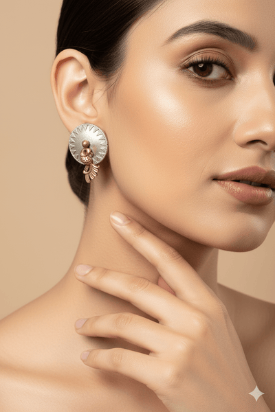 Round Dome Peacock German Silver Earrings – Antique Gold Oxidised Finish - Maxiblink