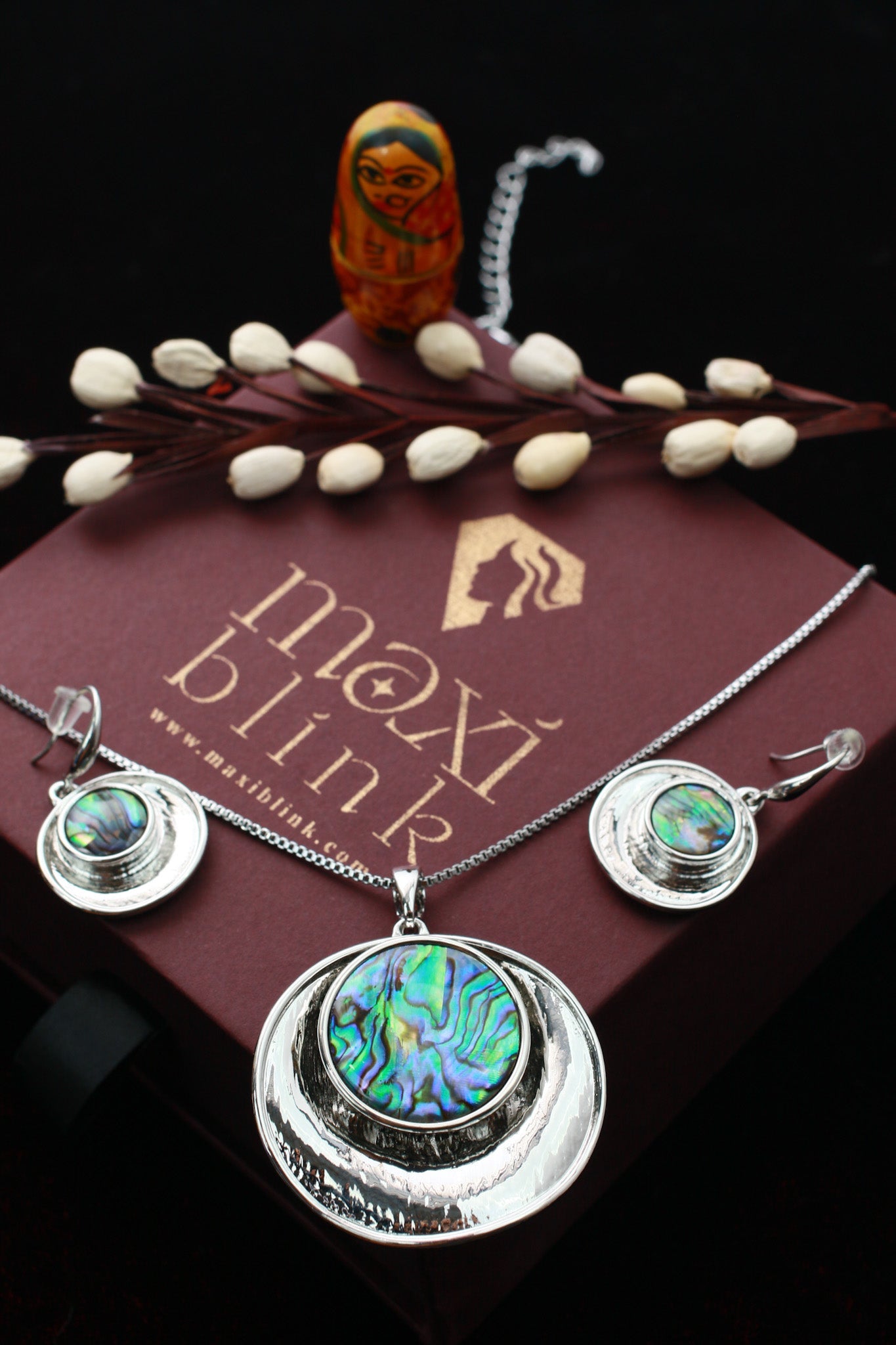 Round Green Shell Pendant Set - Silver Plated Green Abalone Jewelry | Long Lasting Shine - Maxiblink