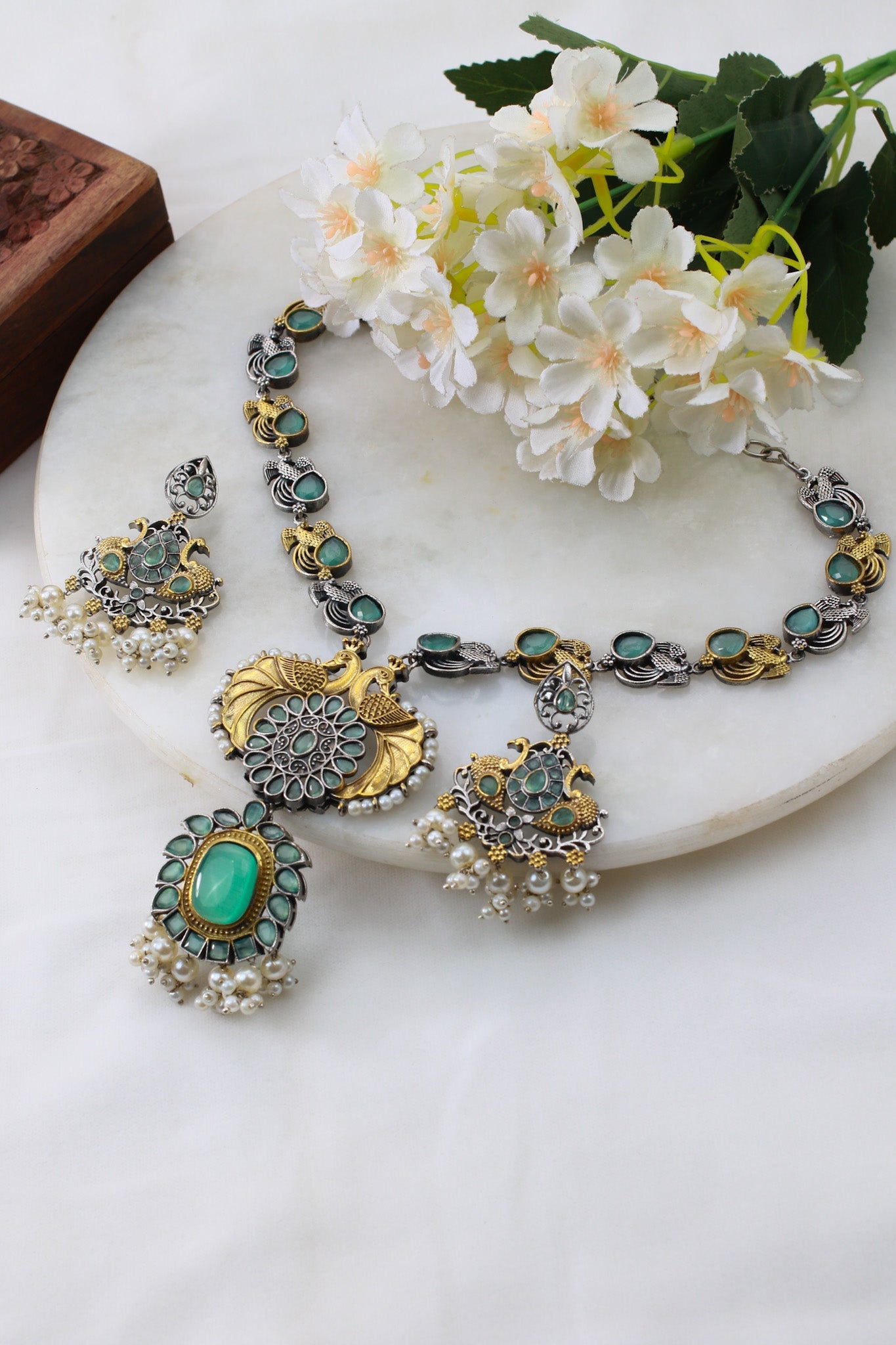 Royal Aqua Dual - Tone Peacock Necklace Set - Maxiblink